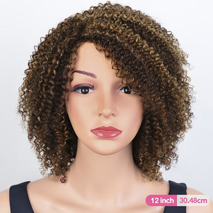 Jerry Curl Human Hair Wig with Bangs Glueless Short Kinky Curly Brazilian Remy Highlight Wig 12 Inch Women P4/30/27 P1B/30 Natural Voluminous Look