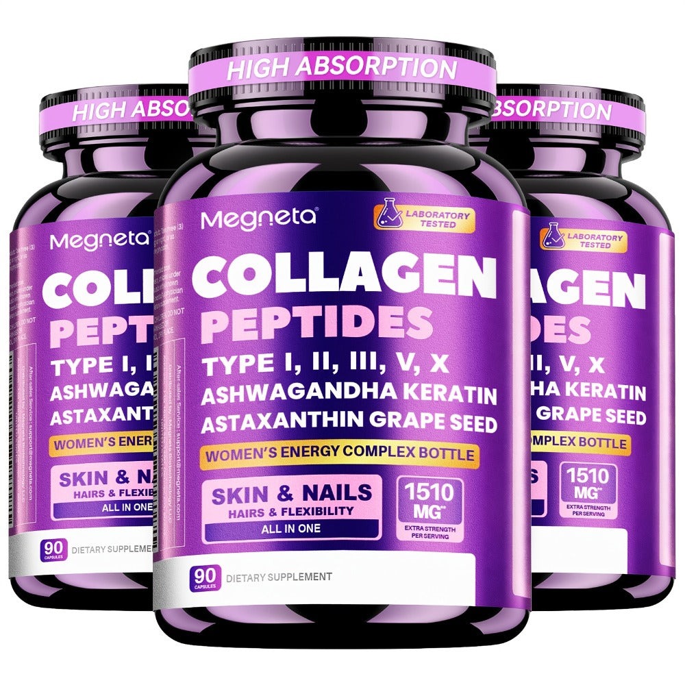 Collagen Powder Capsules - Type I, II, III, V, X with Vitamin C, Hyaluronic Acid & Biotin | for Skin Hydration & Elasticity, Hair & Nail | for Men & Women, 3-Party Tested, 90 Capsules