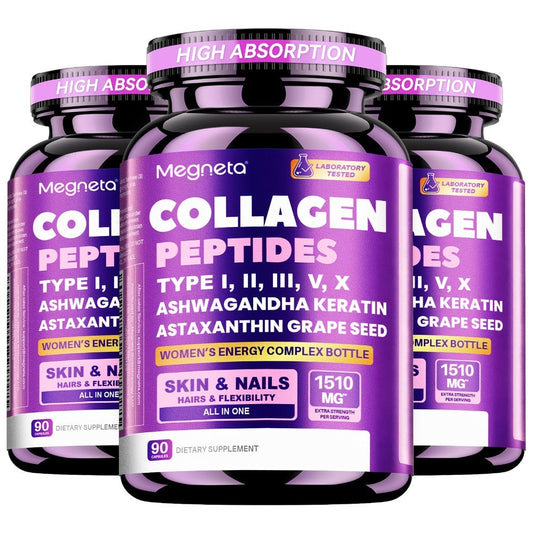Collagen Powder Capsules - Type I, II, III, V, X with Vitamin C, Hyaluronic Acid & Biotin | for Skin Hydration & Elasticity, Hair & Nail | for Men & Women, 3-Party Tested, 90 Capsules