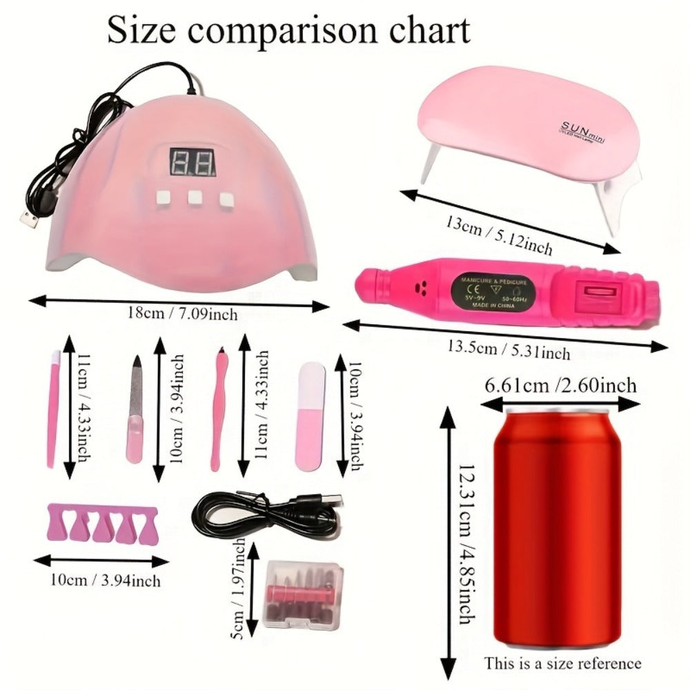 7-In-1 Nail Art Tool Set with Nail Lamp, Glue Drying Machine, Nail Polisher, Dead Skin Fork, Dead Skin Push, Finger Divider - Stainless Steel Kit for Professional Nail Artists