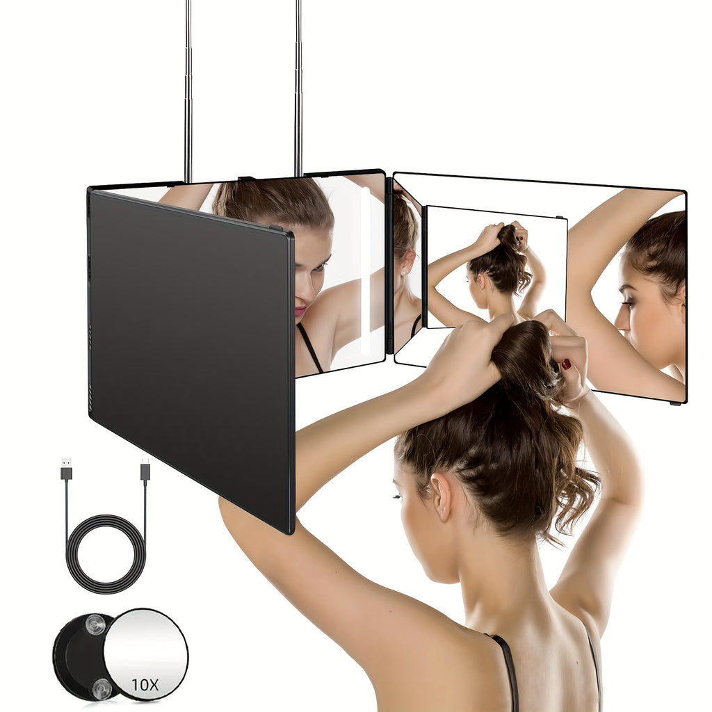 Adjustable LED Light 3-Way Mirror, Hair Cutting Mirror for Shaving Grooming Hair Styling Dyeing Makeup Braiding, USB Rechargeable