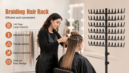 Braiding Hair Rack Standing Hair Extension Holder Hanger Height Adjustable Foldable 144 Strands Organizer for Knotless Box Braids Cornrows Hairstylists