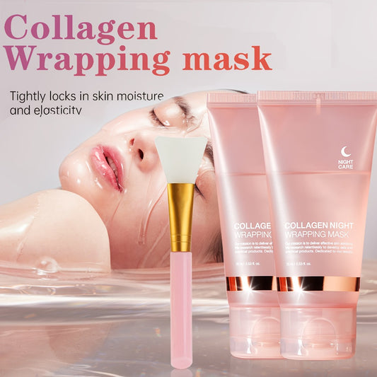Collagen Night Wrap Mask with Jelly Brush — Alcohol-Free Squalane Gel Overnight Face Mask, Deep Nourishing & Firming for All Skin Types, Glowing Skin, 284g or 3/4pcs