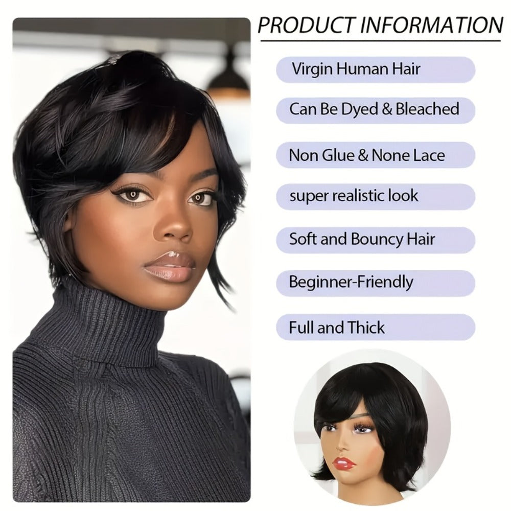 Pixie Cut Wig Human Hair with Bangs — Glueless Short Brazilian Layered Machine Made Throw-On-and-Go Hairpiece, Natural Black & Brown Colors for Women Daily Wear