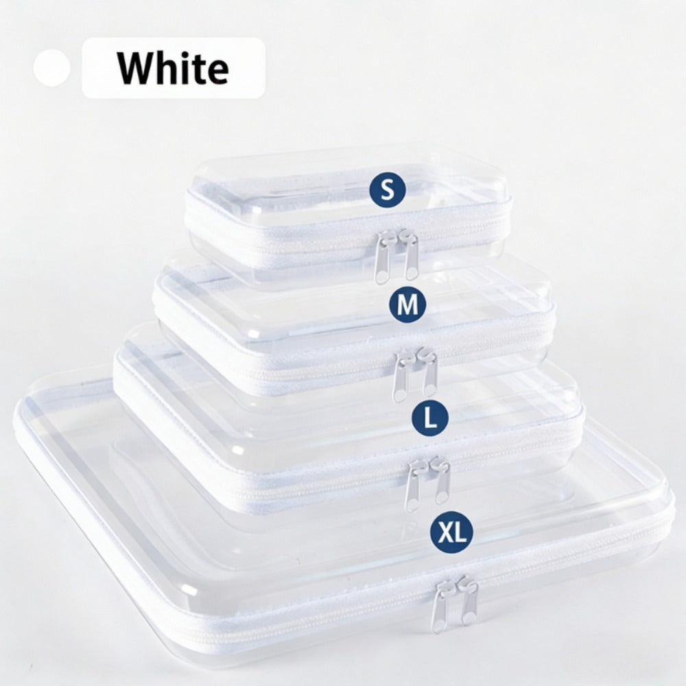 Four Piece Set of Hard Transparent Zipper Storage Bag, Plastic Pencil Case, Transparent Storage Box Suitable for Cosmetics, Snacks, Building Blocks, And Puzzles, Makeup Bag And Makeup Bag (Small, Medium, Large, Extra Large)