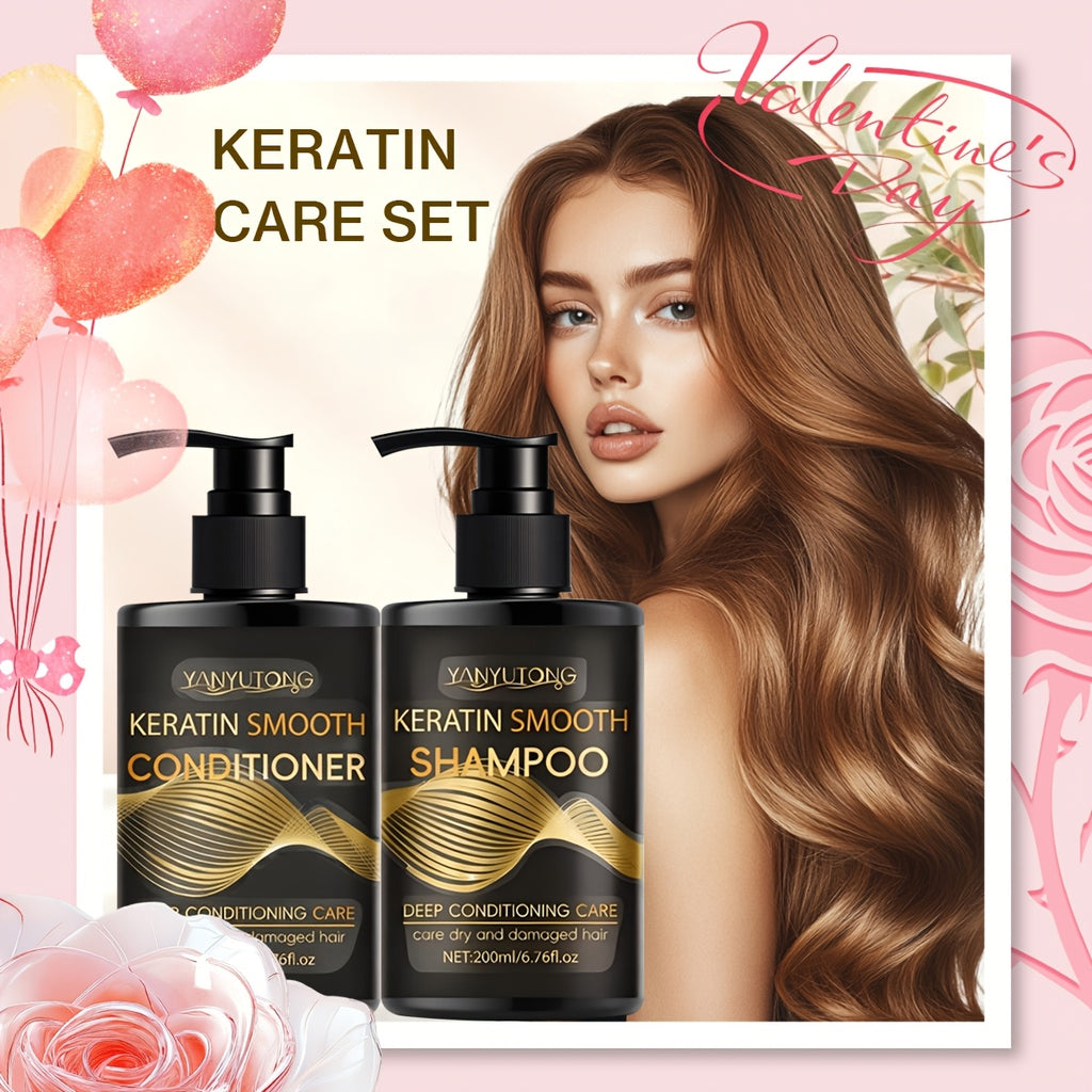 400mlKeratin Hair Care Set, 200mlShampoo+200mlconditioner, Moisturizes Hair And Scalp, Breaks And Splits-professional, Non Frizzy And Silky Hair For Dyeing Hair And Heat Damage, For All Hair Qualities, Valentine'S Day, New Year, Mother'S Day Gifts
