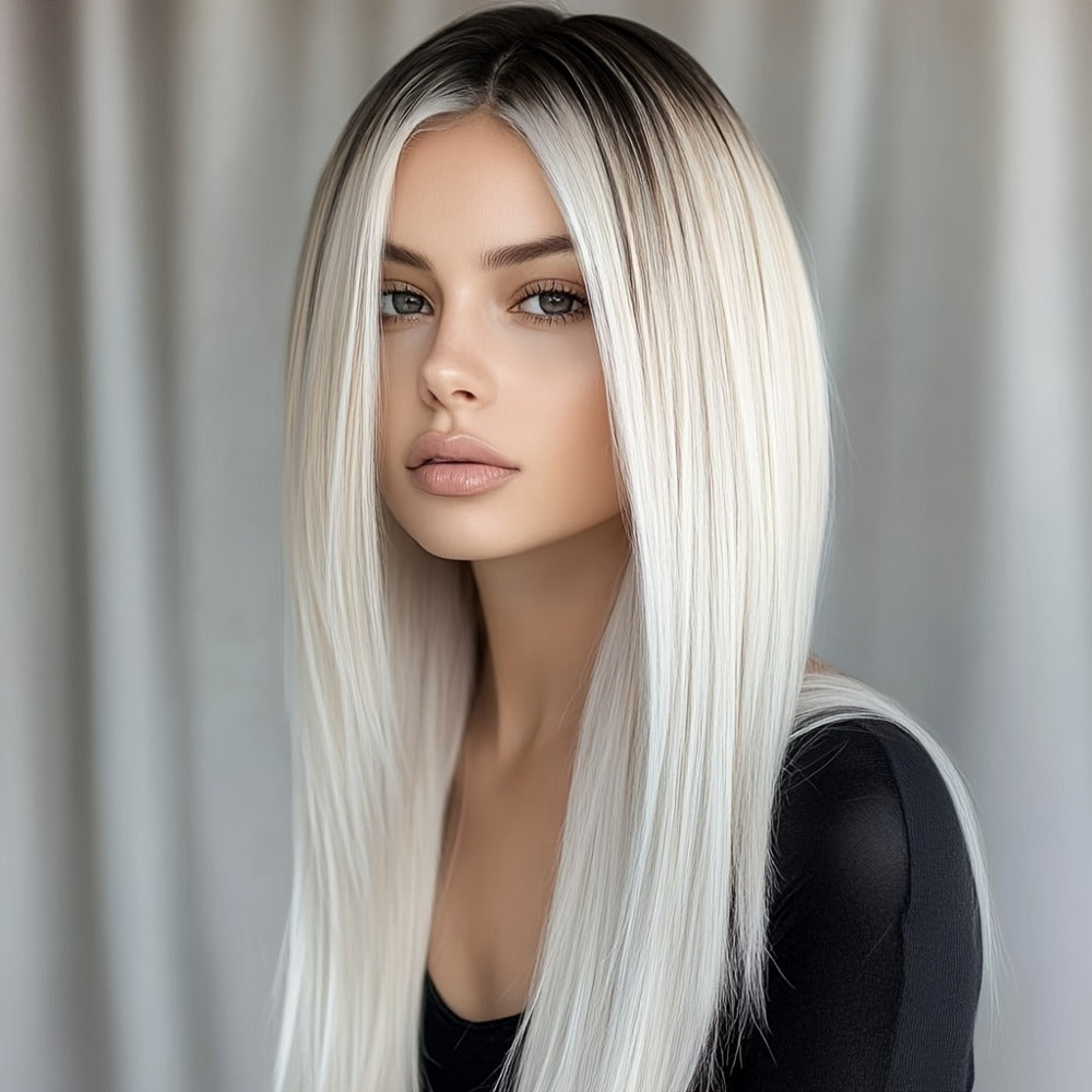 Straight Wig with Bangs for Women — 26 Inch White Ombre Milky Synthetic Wig, Glue Free Ultra Lightweight Breathable, Heat Resistant for Daily Wear Festival Party Cosplay Wedding