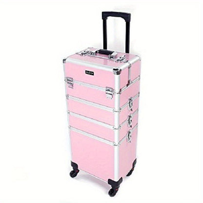 Rolling Makeup Train Case 4-in-1 Aluminum Lockable 4 Removable Wheels Collapsible Trays DIY Compartments Telescopic Rod Cosmetic Organizer Trolley for Makeup Artists Salon Travel Black Pink Rhinestone