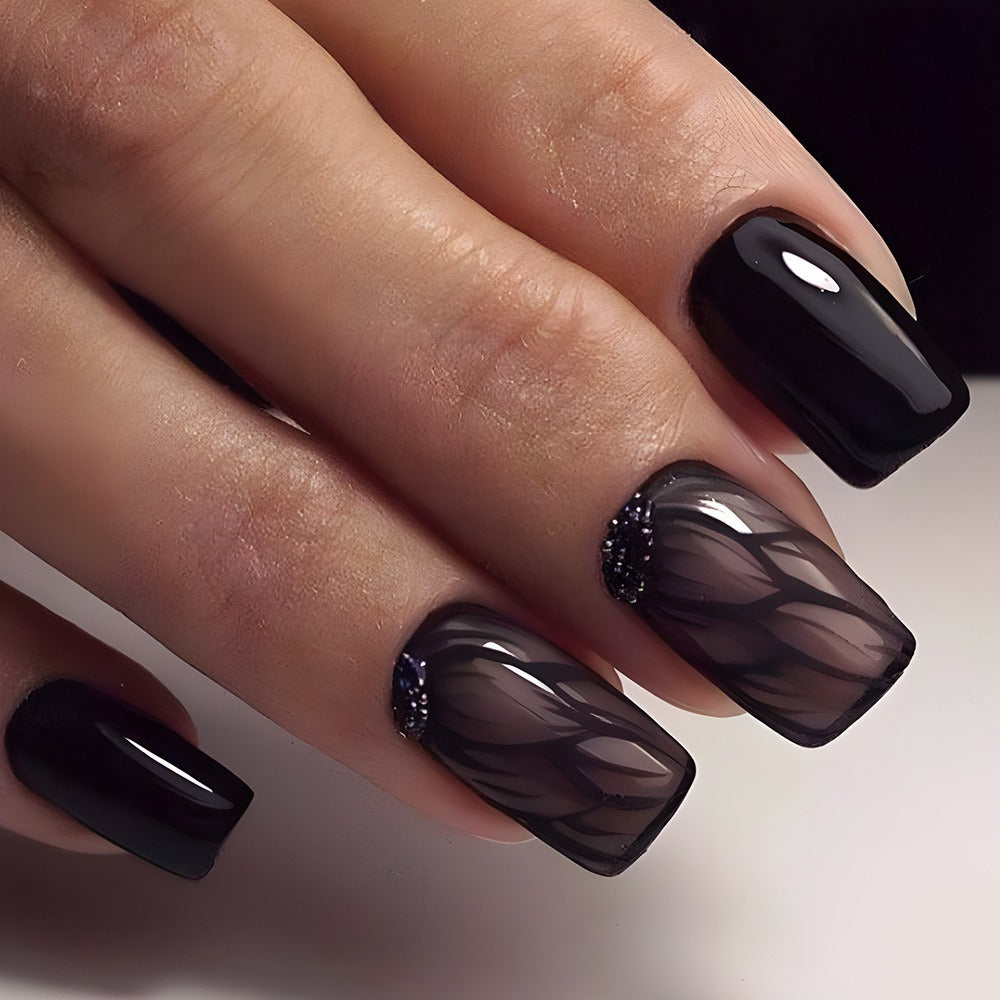 96 Pcs Black Press on Nails Short Square - Cute Summer Fake Nails Glossy False Nails Press ons Full Cover Nail Tips with Ice Cracks Design Acrylic Nail Kit Stick on Nails for Women