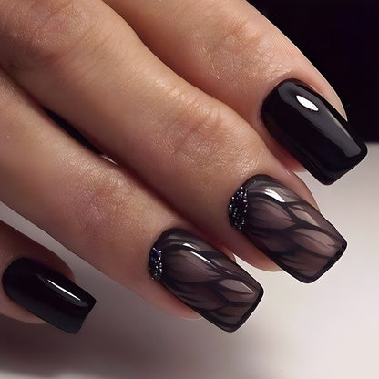 Black Press On Nails 96pcs Short Square - Ice Crack Design Glossy Full Cover Fake Nails Acrylic Nail Tips Stick On Nails Cute Summer Nail Art Kit for Women Girls