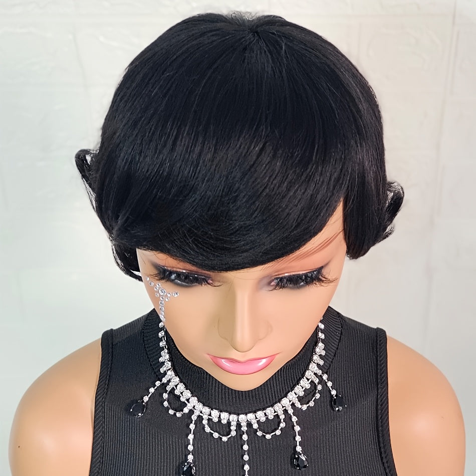 Brazilian Human Hair Wig Suitable for Skin Tones - Short Pixie Cut with Bangs, Glueless Layered Machine-Made Wig, Density & for Daily Wear, Throw-On-and-Go Short Black Hairpiece