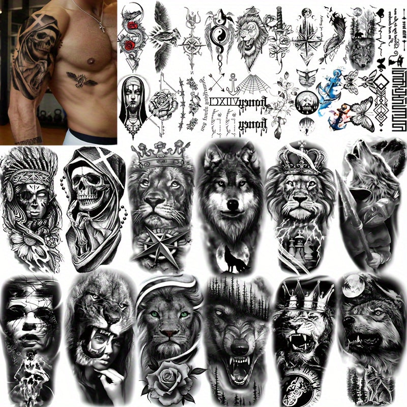 32pcs 3D Animal Realistic Temporary Tattoos, Half Sleeve For Men And Women, Big Tribal Wolf Lion Tiger Fake Tattoo Stickers, Adult Forearm, Skull Flower Rose Tattoo