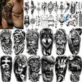 32pcs 3D Animal Realistic Temporary Tattoos, Half Sleeve For Men And Women, Big Tribal Wolf Lion Tiger Fake Tattoo Stickers, Adult Forearm, Skull Flower Rose Tattoo