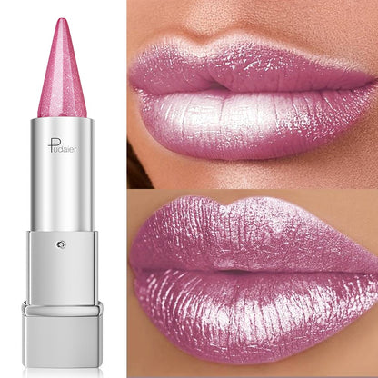 Pearlescent Metallic Lipstick Waterproof 24H Long-Lasting 5 Shades - Sparkle Pearl Finish Non-Fading Non-Stick Cup Hydrating Lip Color Fashion Makeup Women