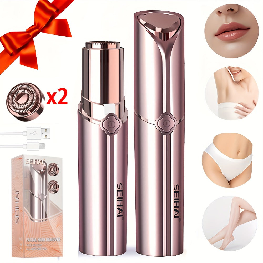 Women's Electric Facial Shaver - USB Rechargeable Hair Remover, Multi-Purpose Epilator for Bikini, Face, Legs, Arms, Underarms - Portable Hair Trimmer, Female Body Shaver, Suitable for Travel, Includes Velvet Storage Pouch + 2 Replacement Heads