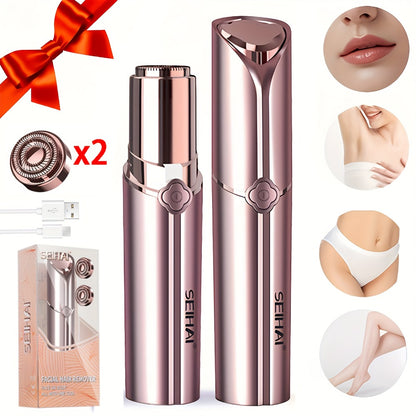 Electric Facial Shaver for Women USB Rechargeable Epilator Hair Remover for Face Bikini Legs Arms Underarms Portable Body Trimmer with Velvet Pouch 2 Replacement Heads Travel-Ready