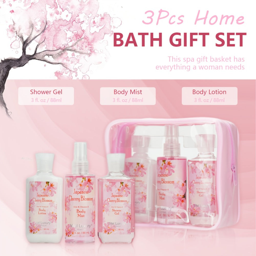 Bath & Body Care Gift Set Shower Gel Body Lotion Body Mist with Aloe Vera Vitamin E Glycerin Moisturizing Fragrance Set for Women Japanese Cherry Blossom Lavender Vanilla Coconut