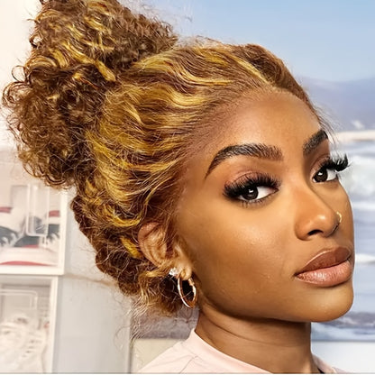 HD Lace Front Wig Honey Blonde Deep Wave 28 Inch – 200% Density P4/27 Ombre Highlight Long Curly Wavy, Pre Plucked Glueless Ready to Wear Wig for Women, Party & Daily Use