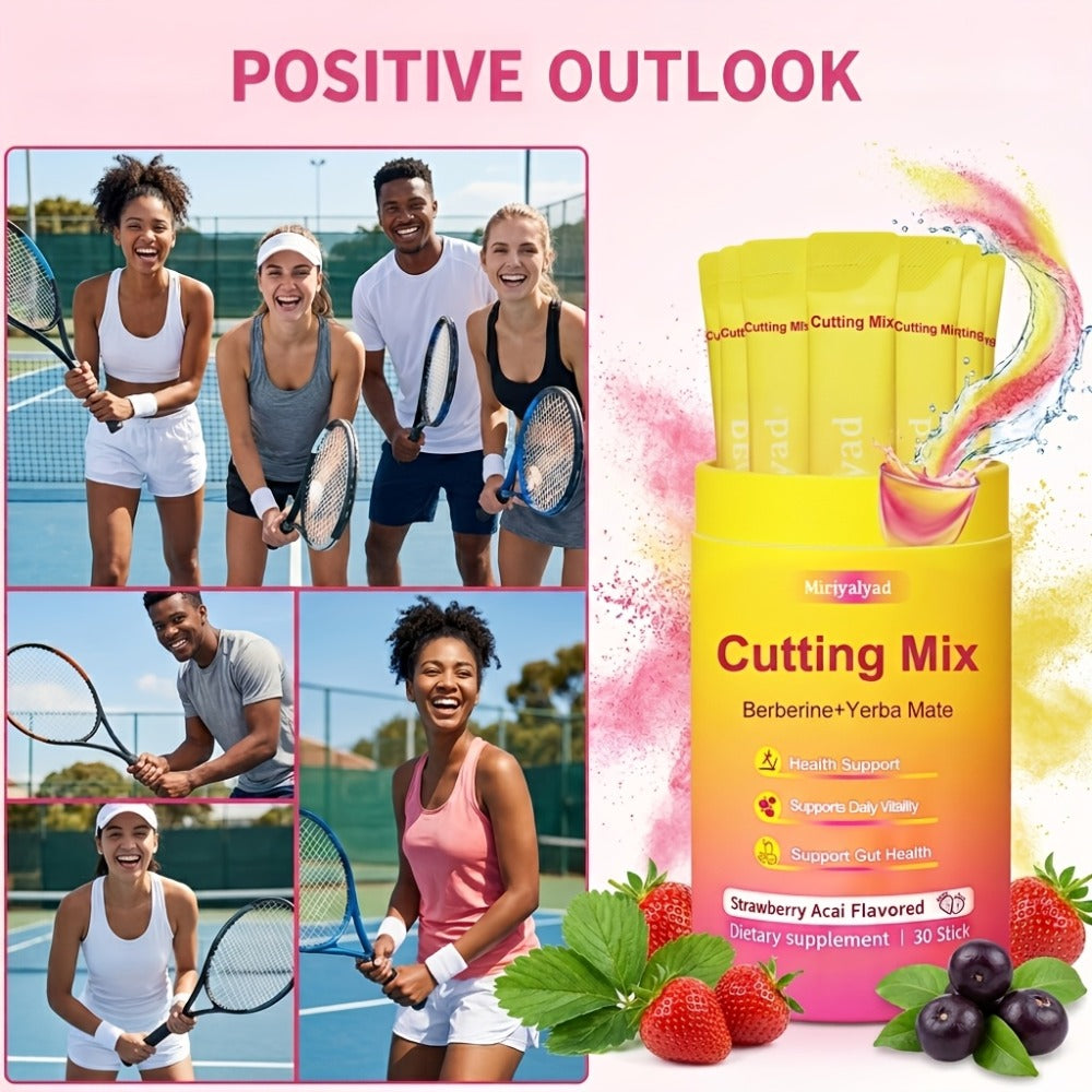 30 Strawberry Acai Flavored Sticks • Vegan Cutting Mix Dietary Supplement with Berberine And Yerba Mate • Natural Support • Gluten-Free • Dairy-Free • Perfect Family Gift