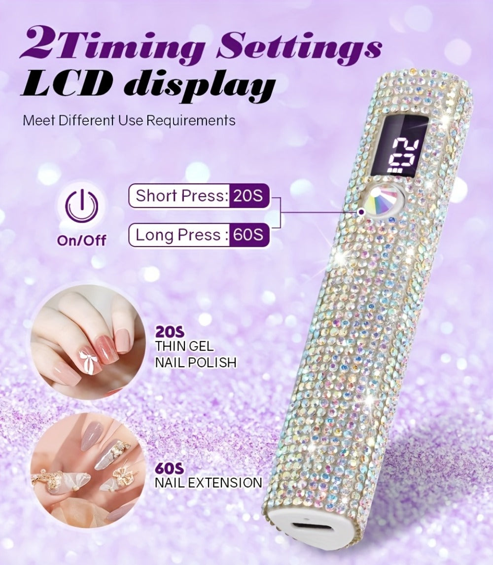 Portable Rhinestone Mini/LED Nail Lamp - USB Rechargeable Single Finger Gel Curing Light with Digital Display, 40-Min Runtime, Compact Travel-Friendly Design for Quick-Dry Nail Art, White, Nail Light, Durable Plastic, DIY Manicure