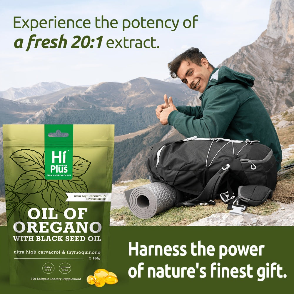 Hi Plus Oregano Oil Softgels, 300 Capsules | 2-in-1 Formula with Black Seed Oil 200mg, 4x Strength Carvacrylone & Thimeriquinone | Plant-Based, Immunological Support