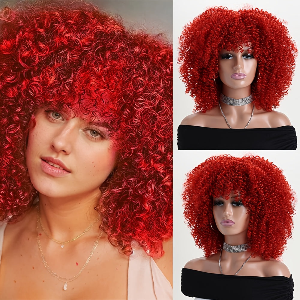 16-inch Short Curly Afro Kinky Curly Red Wig, Women's Fashionable and Elegant Stretchable Net Synthetic Fiber Hair Replacement Wig for Women, Heat-Resistant Fiber Wig Suitable for Daily Wear, Cosplay, Parties, Music Festivals, Weddings, and Balls