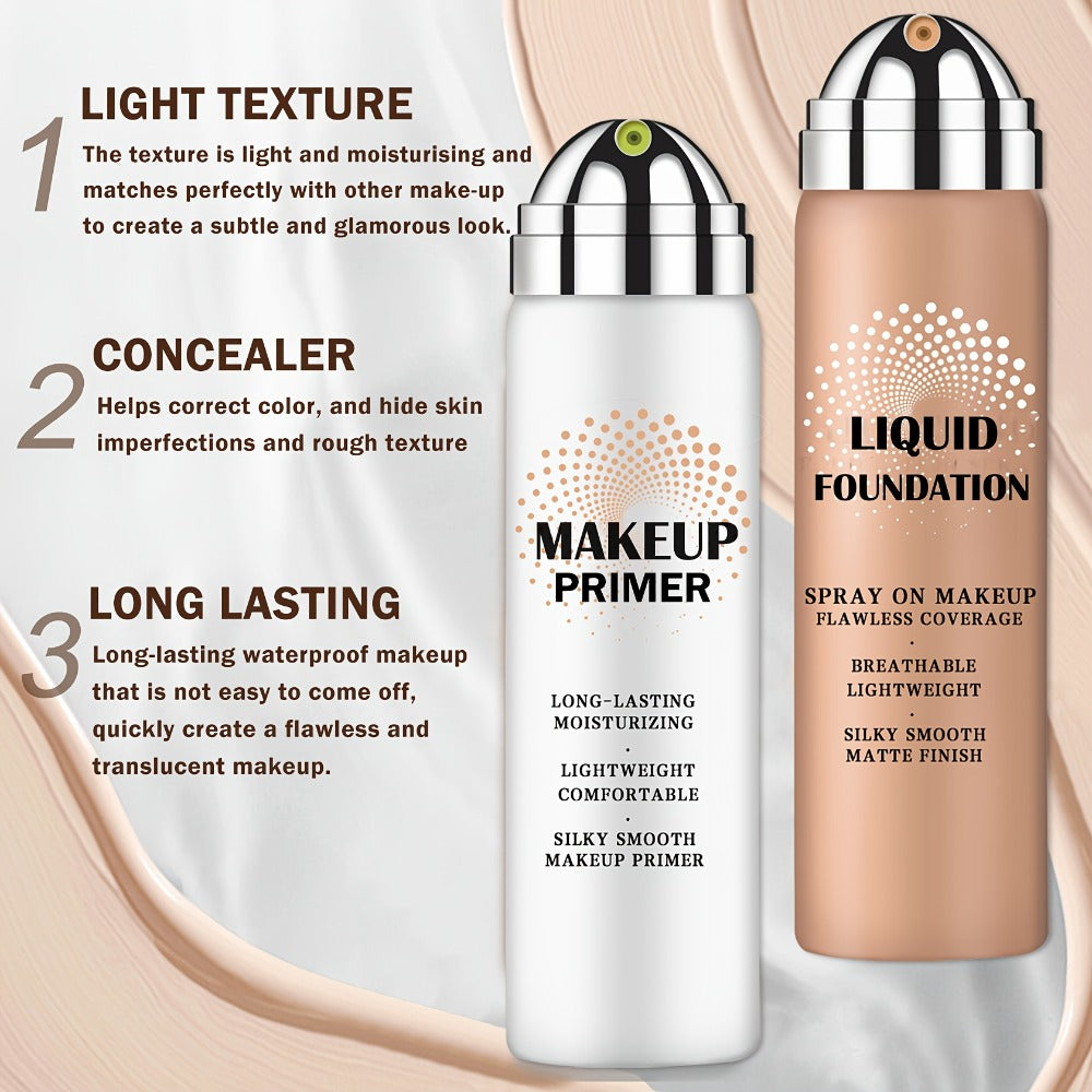 Liquid Foundation & Primer Set — Long-Lasting Silky Smooth Formula | CC Cream BB Cream | Mature Skin | 4 Shades: Natural Beige Nude Porcelain