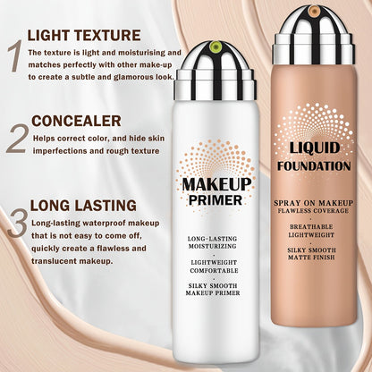 Liquid Foundation & Primer Set — Long-Lasting Silky Smooth Formula | CC Cream BB Cream | Mature Skin | 4 Shades: Natural Beige Nude Porcelain