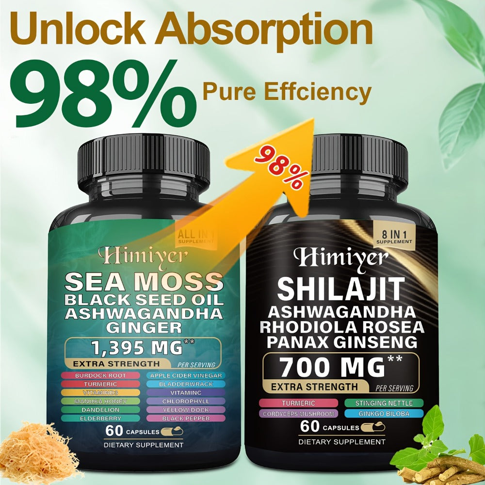6pcs-Three-month Package-Sea Moss 350mg, Black Seed Oil 200mg, Ashwagandha 100mg, Ginger & Shilajit Pure Himalaya 300 Mg, Rhodiola Rosea 100mg, Panax Ginseng 50mg, All In 1 Supplements