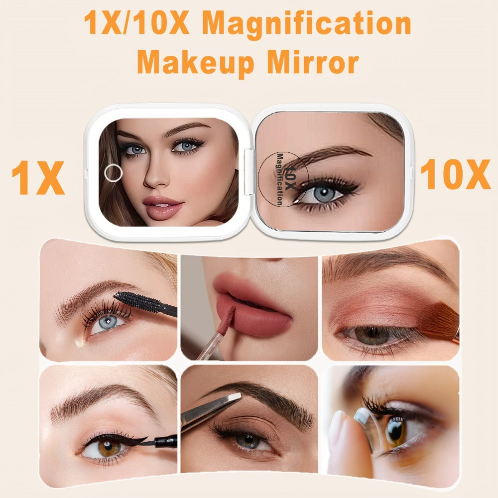 LED Compact Travel Makeup Mirror with Light 10X 1X Magnification, Rechargeable Pocket Mirror 3 Color Modes Adjustable Brightness, 2-Sided Folding Purse Mirror Gift for Women Mom