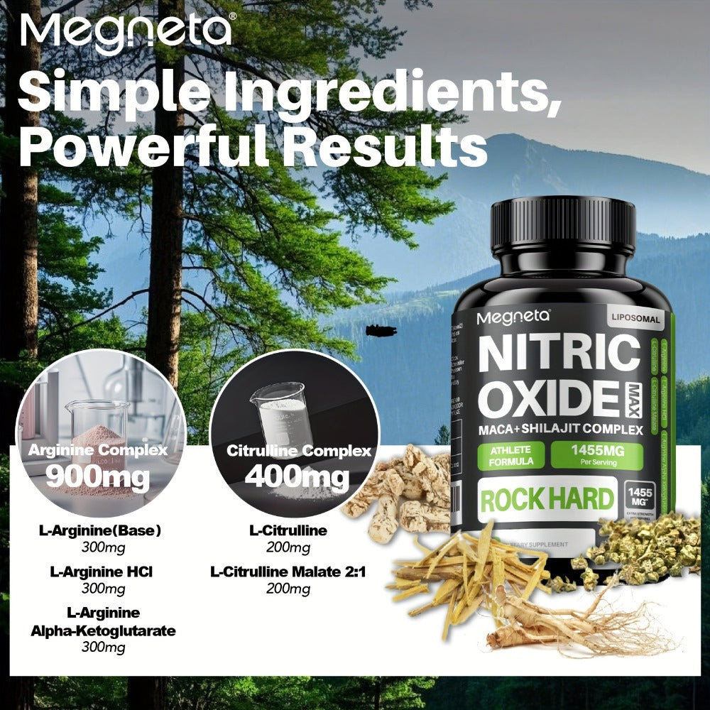 Megneta Nitric Oxide, Men's Vitality Supplement for Energy and Focus, Healthy Blood Flow, Cardiovascular Health, with L Arginine & L Citrulline - 60 capsules