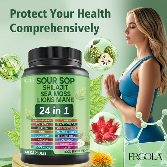 Soursop Capsules 24-in-1 Natural Supplement with Sea Moss Shilajit Lion's Mane Vitamin D3 Black Seed Oil Turmeric & Chlorophyll – Immune & Liver Health | Gluten-Free Daily Wellness Formula