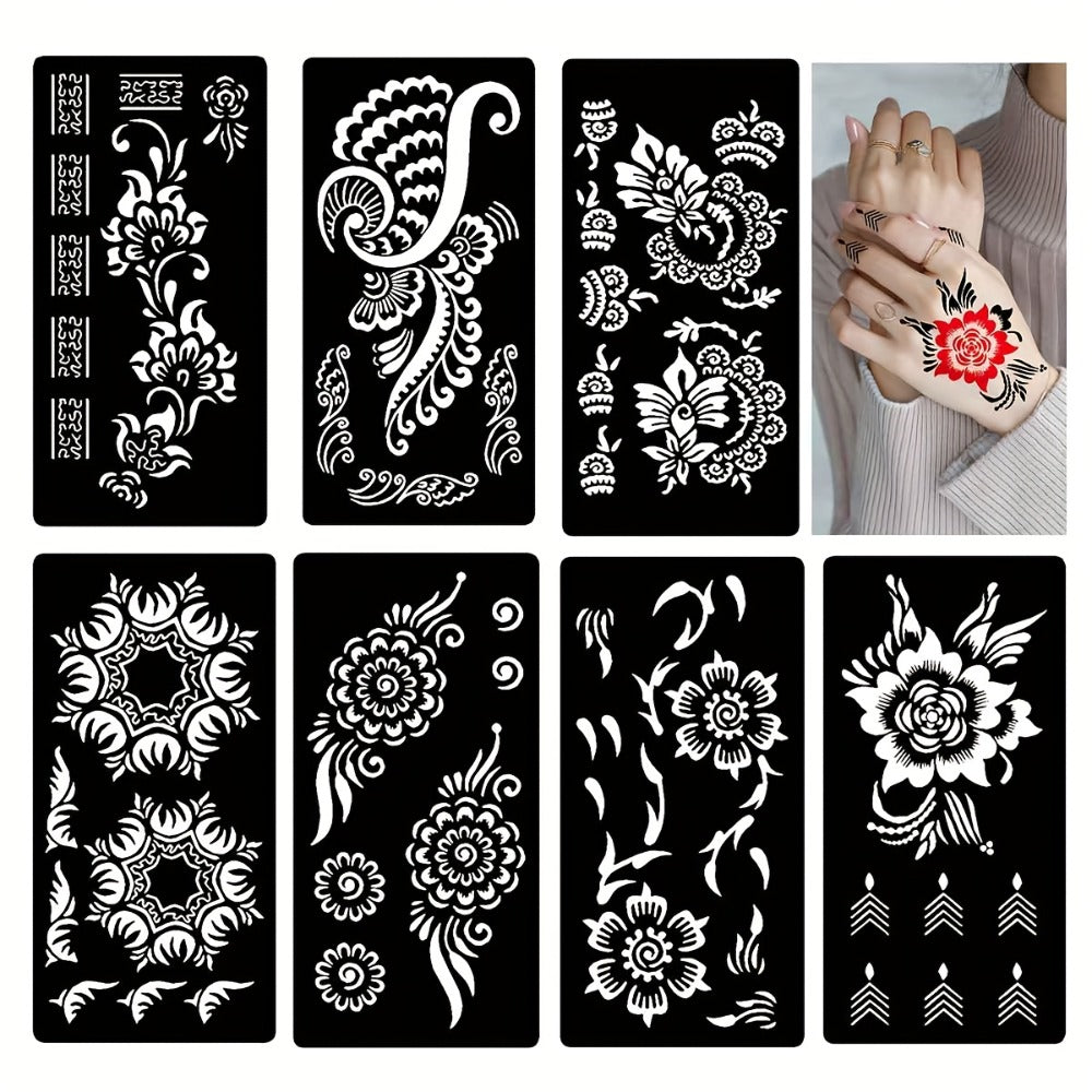 Tattoo Stencils for Body Painting 7-Piece Hollow Flower Nail Art Arm Stickers | Temporary Body Art for Festivals Events | Easy Apply Floral Henna-Style Decoration | Reusable Body Paint Stencil Set