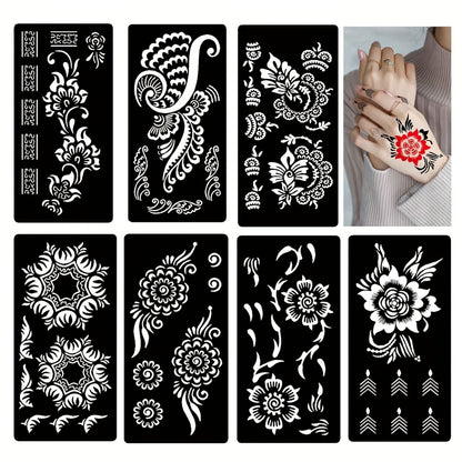 Tattoo Stencils for Body Painting 7-Piece Hollow Flower Nail Art Arm Stickers | Temporary Body Art for Festivals Events | Easy Apply Floral Henna-Style Decoration | Reusable Body Paint Stencil Set