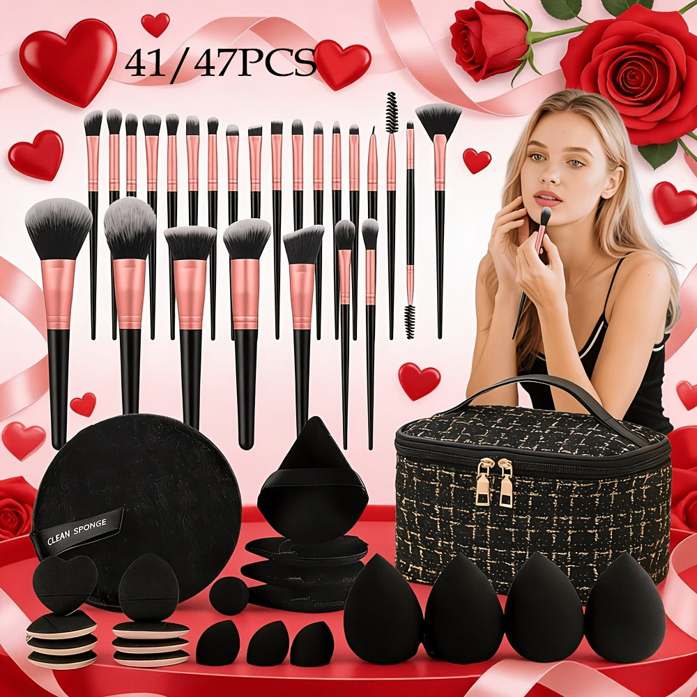 Makeup Brush Set 41/47PCS Professional - Face Eyeshadow Blending Kit with Ultra-Soft Concealer Contour Brushes & Sponges - Retractable Travel Brushes for Flawless Application Wet or Dry All Skin Types