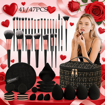 Makeup Brush Set 41/47PCS Professional - Face Eyeshadow Blending Kit with Ultra-Soft Concealer Contour Brushes & Sponges - Retractable Travel Brushes for Flawless Application Wet or Dry All Skin Types