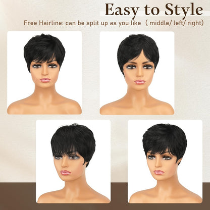 Short Fairy Wig Human Hair Brazilian 150% Density Glueless Rose Net Cap Natural Black 4 Inch Beginner Friendly Elegant Wig for Women
