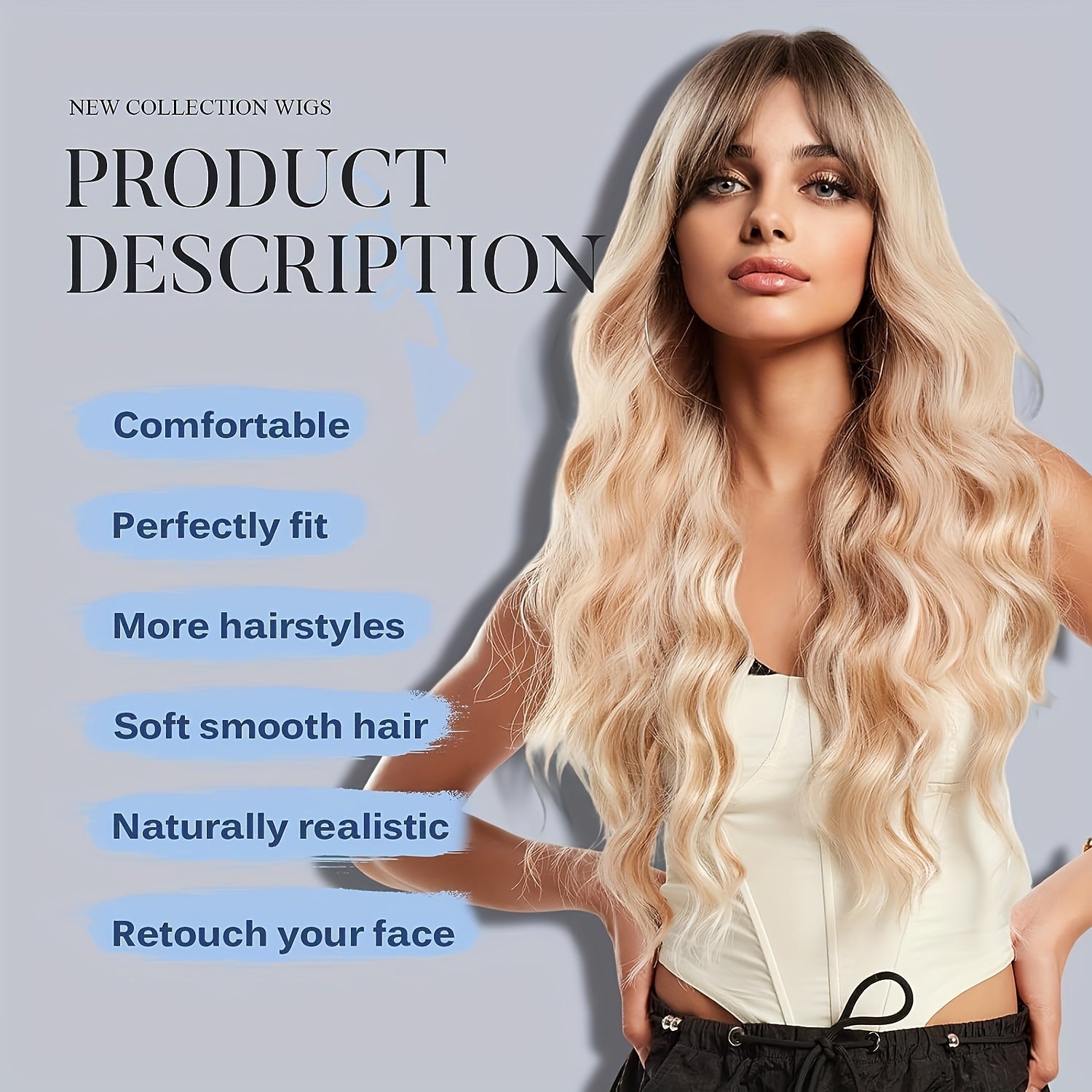 Long Curly Wavy Wig with Bangs Synthetic Wig Beginners Friendly Heat Resistant Elegant for Daily Use Wigs for Women