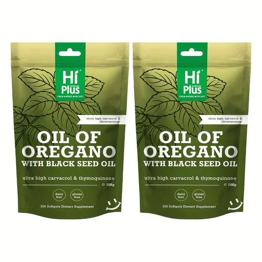 Hi Plus Oregano Oil Softgels, 300 Capsules | 2-in-1 Formula with Black Seed Oil 200mg, 4x Strength Carvacrylone & Thimeriquinone | Plant-Based, Immunological Support