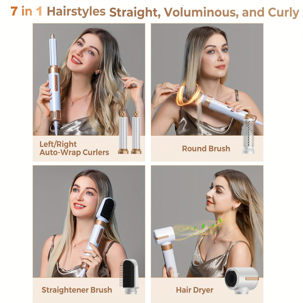 Hair Dryer Brush 7 in 1, 110000 RPM Hair Dryer with Diffuser for Curly And Twisted Hair Professional Ionic Brush Blow Dryer for Salon-Quality Styling, White Golden