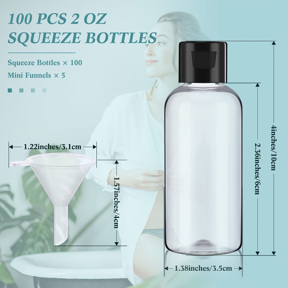 100pcs Small Plastic Bottles with Caps | 2 Oz Clear Empty Squeeze Bottle with Flip Cap, Small Refillable Transparent Travel Dispenser Container for Shampoo, Lotion, Conditioner, Liquid Soap - UNITTYPE