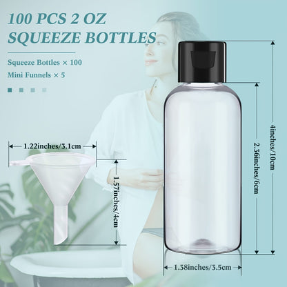 Squeeze Bottles 2oz with Flip Cap 100 Pack Clear Plastic Refillable Travel Dispenser Containers for Shampoo Lotion Conditioner Liquid Soap Empty Transparent Bottles