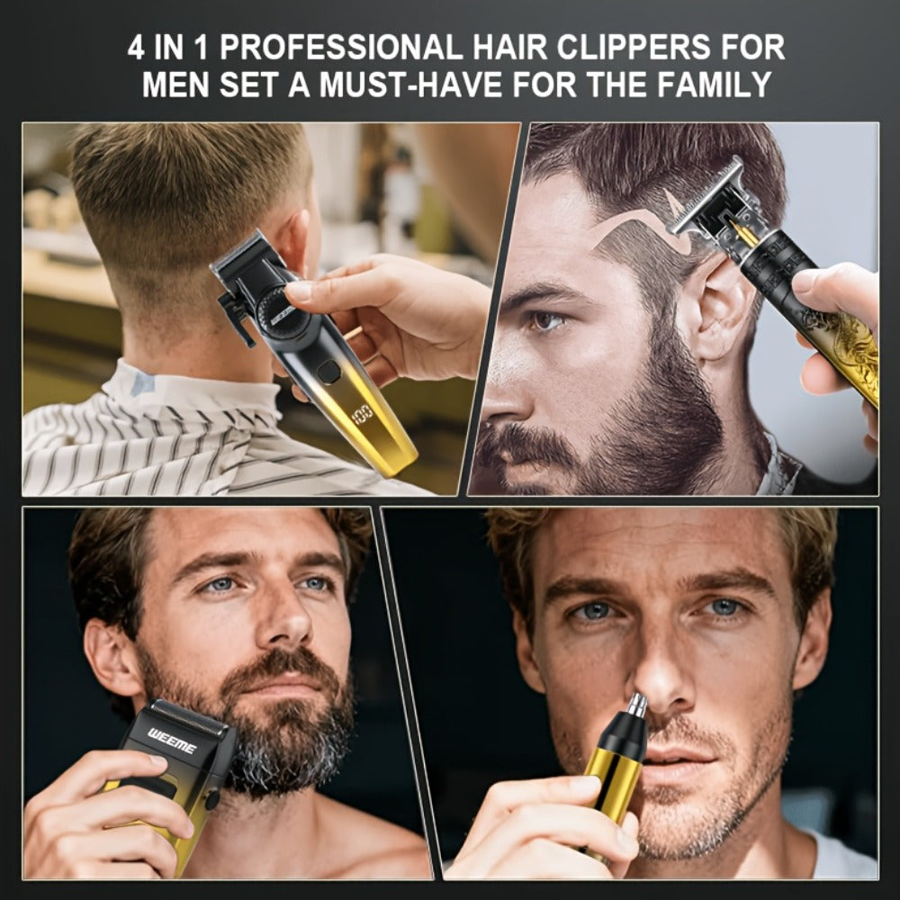 4pcs WEEME Men's Grooming Kit with Electric Shaver, Beard Trimmer & Nose Hair Trimmer - USB-Powered Rechargeable Hair Clipper System, 8 Guide Combs Suitable for Father, Boyfriend, Husband Gift for Holidays, Travel & Use