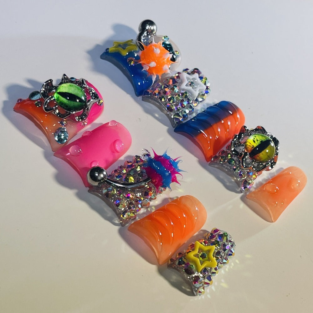 Y2K Piercing Charm Press on Nails Handmade Duck Nail with Nightmare Eye And Barbell 3D Nail Charms, Rhinestone Nails For, Trendy Party Nail Art