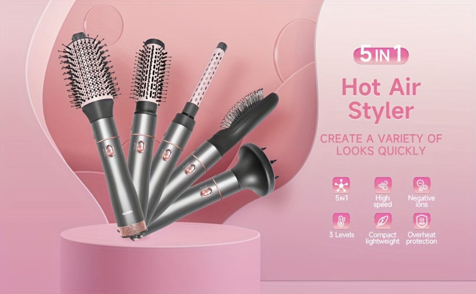 Hot Air Comb For Women, Negative Ion, 5-in-1 Styling Comb Set, Hair Dryer, Massage Straightening Comb, Round Curling Iron And Brush, Oval Styling Comb, Interchangeable Head, Gifts For Mother'S Day, Girl Stuff, Wow Hair Products