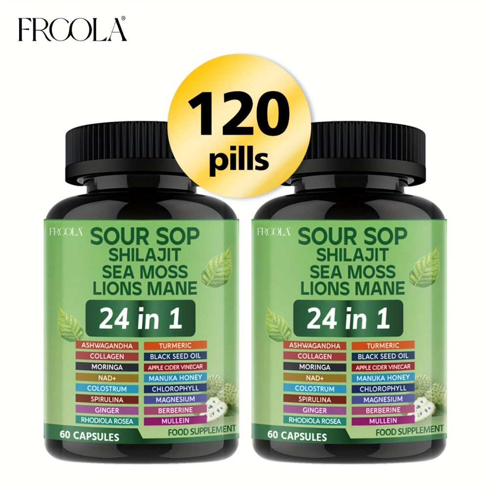 Soursop, Shilajit, Sea Moss, Lions Mane 24in 1Capsule - 2238mg Supports Intestinal Health, Provides Antioxidant Benefits for Man And Woman - 60 Count