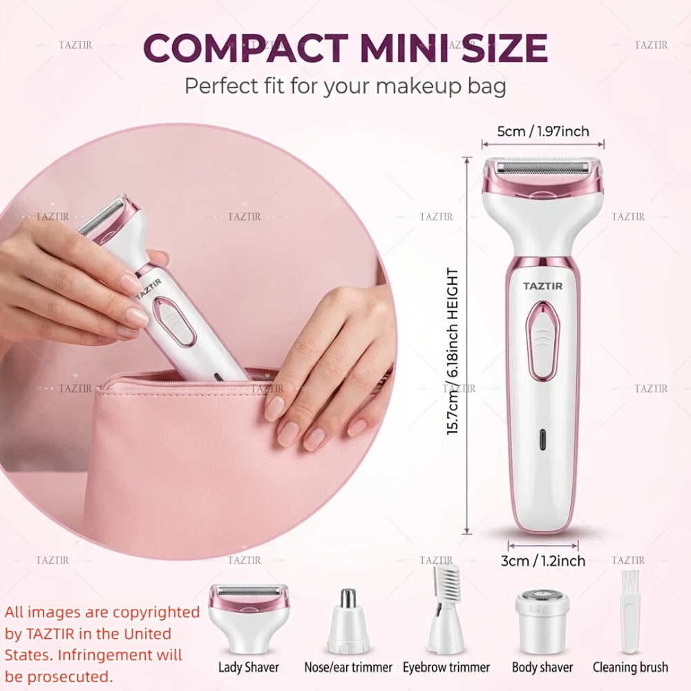 [4-in-1 Painless Razor for Women] 4-in-1 Rechargeable Electric Razor for Women - Face, Nose, Legs, Underarm, Bikini Trimmer - Wet & Dry, Painless Grooming Kit - Portable & Rechargeable