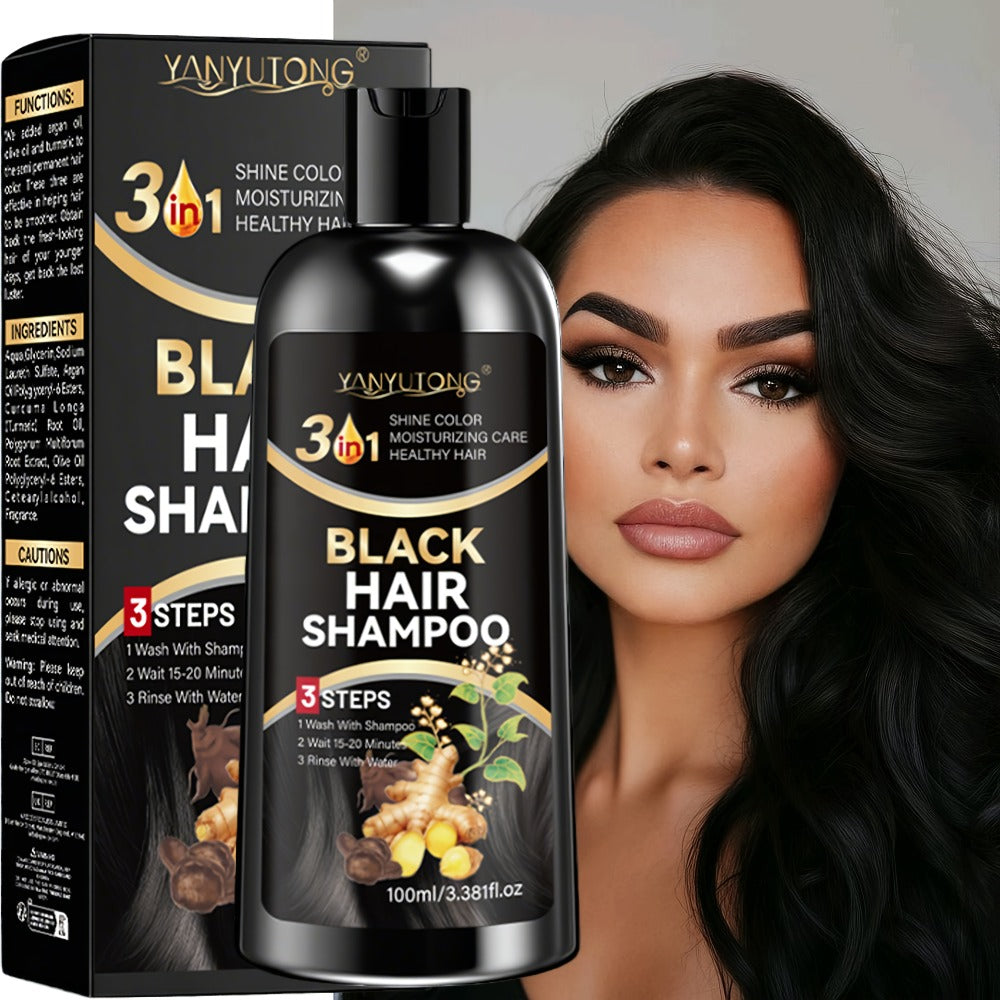 Black Hair Dye Shampoo with Polygonum Multiflorum & Ginger Extract — Instant Gray Coverage, Gentle Non-Damaging Plant-Based Formula, Long-Lasting Color, Unisex, 3.38 oz / 100ml