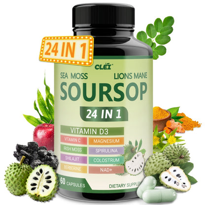 Soursop Graviola Capsules 24-in-1 Formula 60 Count - Lab Tested Digestion Gut Health & Antioxidant Blend - Daily Wellness Supplement for Men & Women