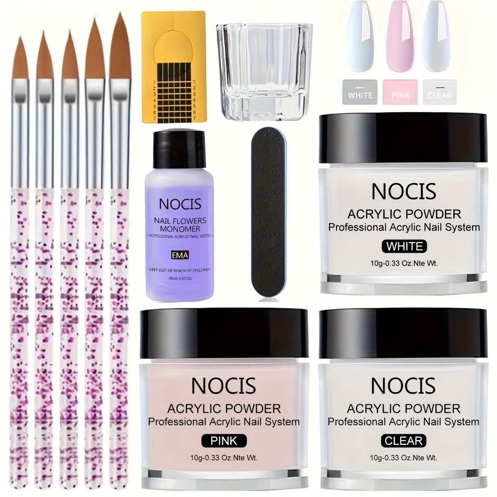 NOCIS Nail Art Kit: Clear White Pink Acrylic Powder, Liquid Monomer And Brush Set for Extensions, Carving And Manicure - Perfect Gift for